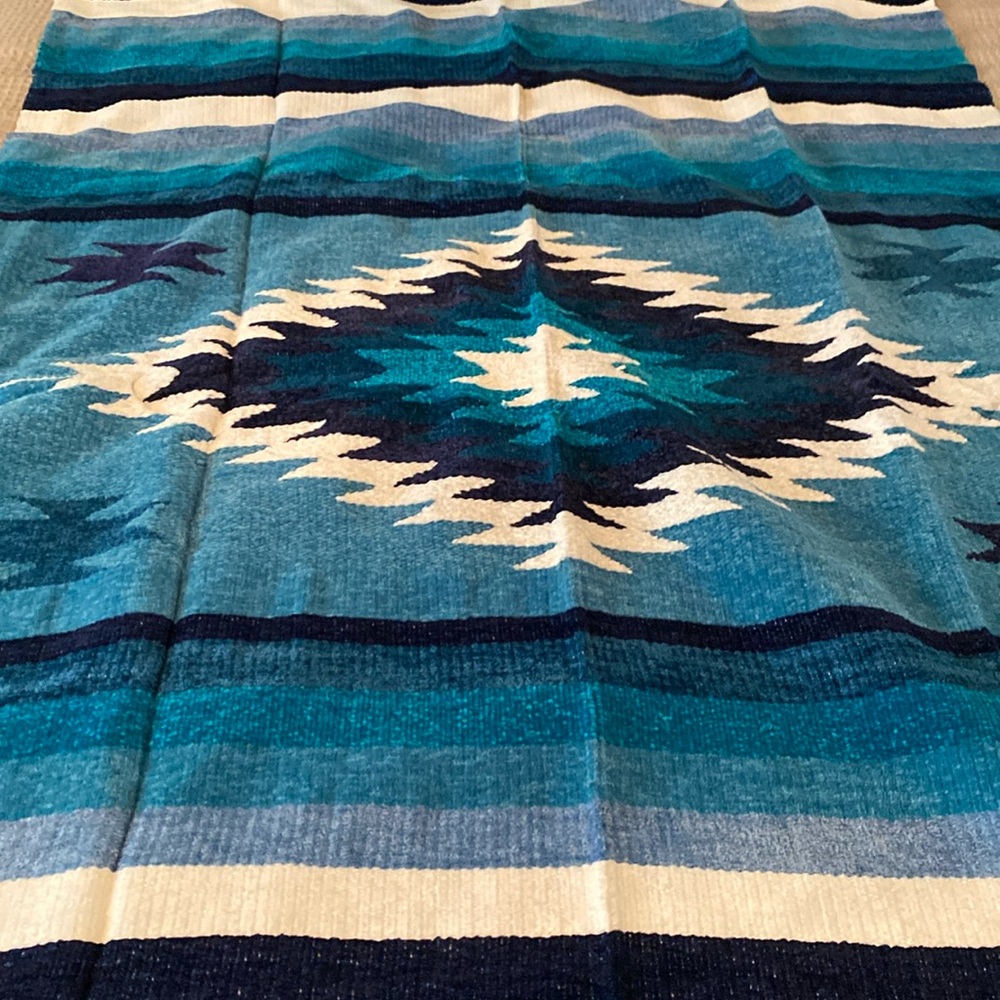 Cultural blanket , turquoise, blue , white , navy blue